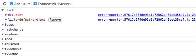 Event Listener tab in Chrome Developer Tools