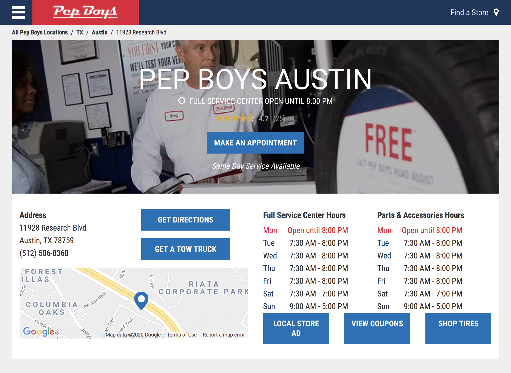 Pep Boys Location Page
