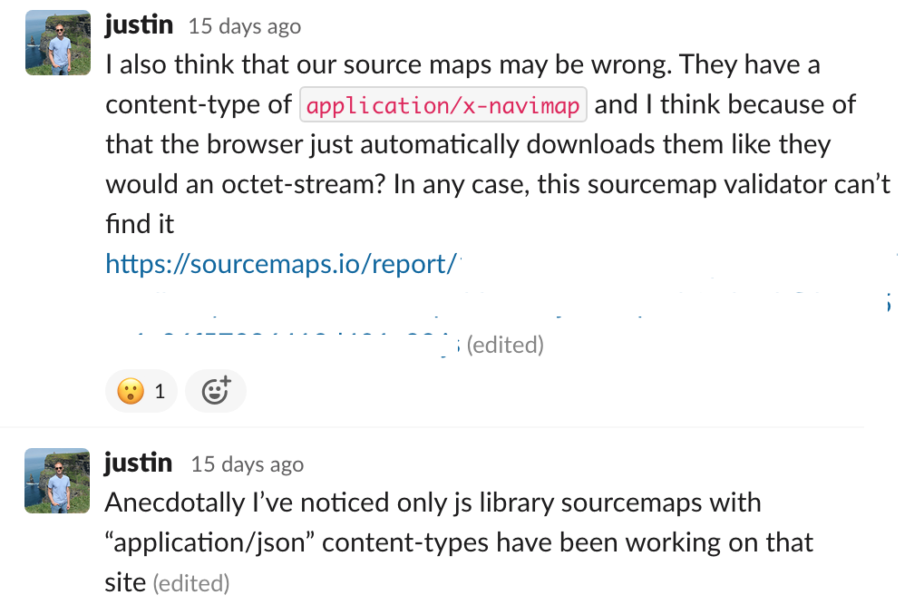 I also think that our source maps may be wrong. They have a content type of application/x-navimap. The sourcemap validator can't find them.