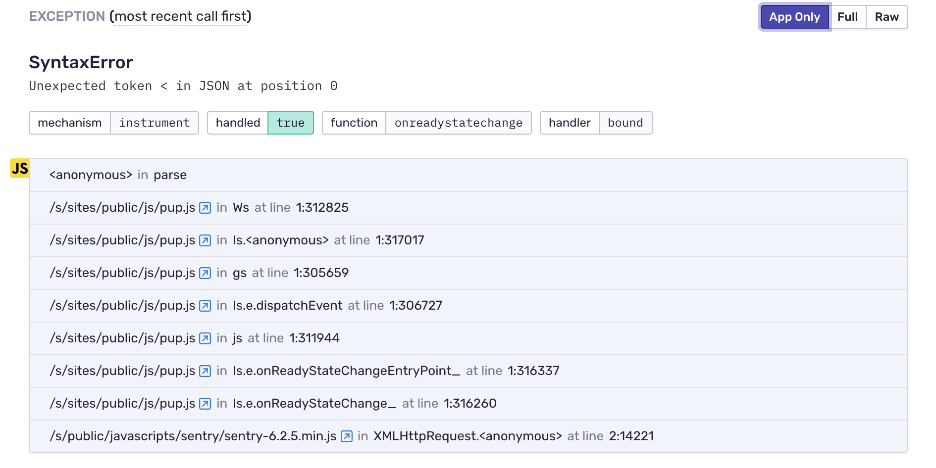 An unreadable, minifed JavaScript traceback inside Sentry